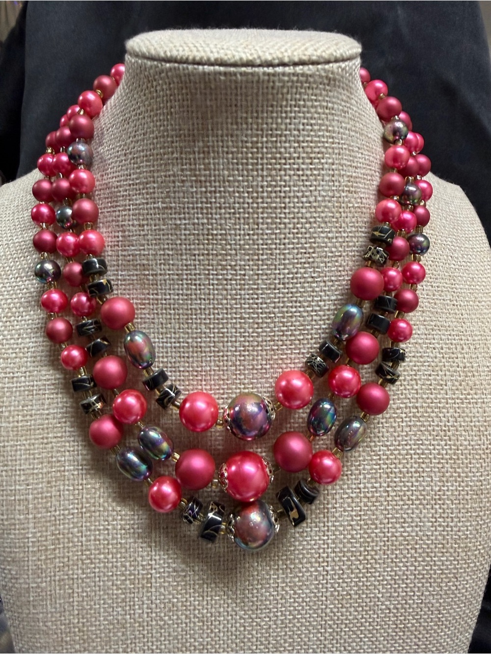 Vintage Japan glass Three-Strand Pink Pearl Statement Necklace with Makers mark